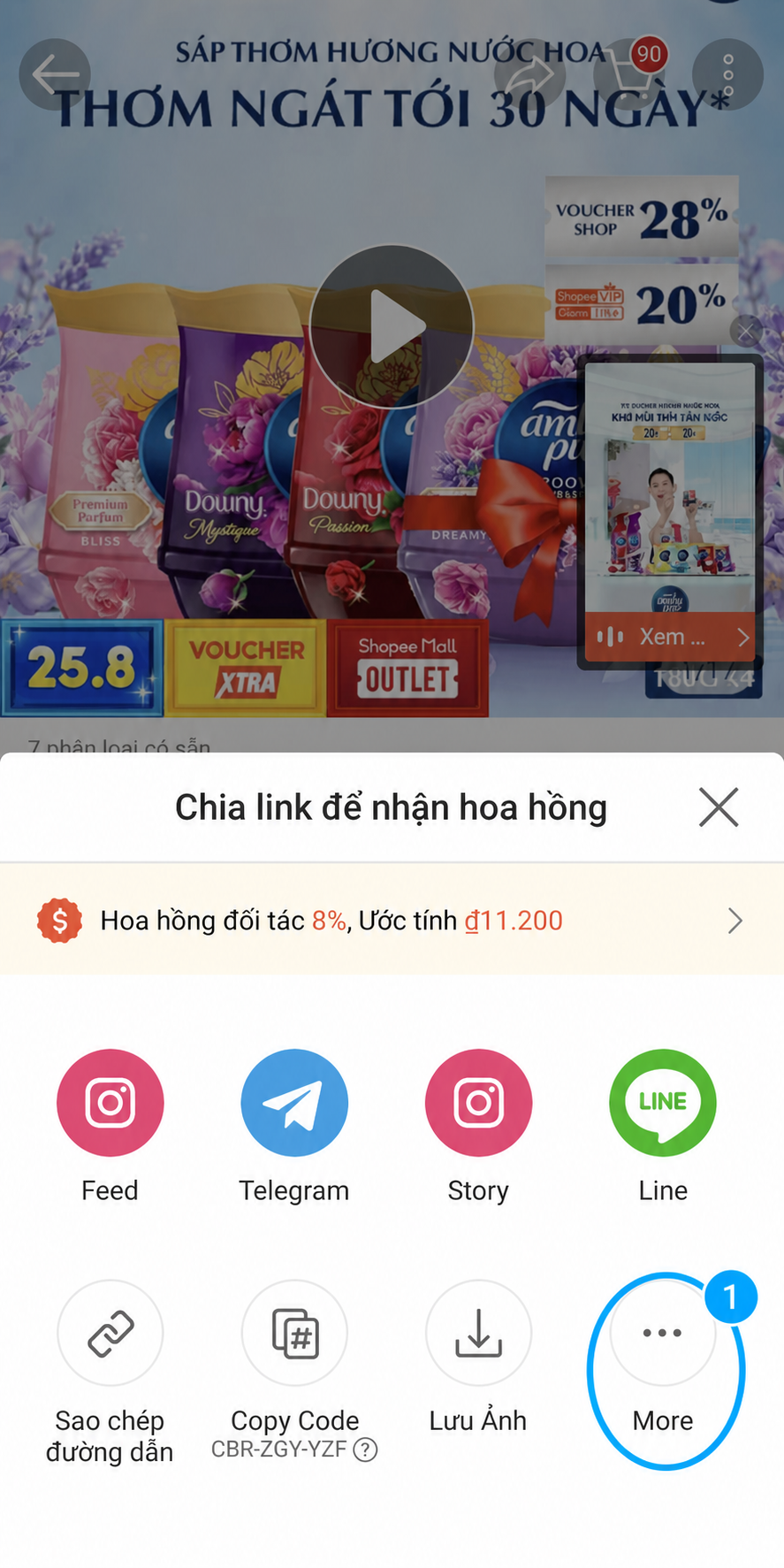 Bảng Chia link để nhận hoa hồng của Shopee, với nút More được khoanh và đánh dấu số 1.