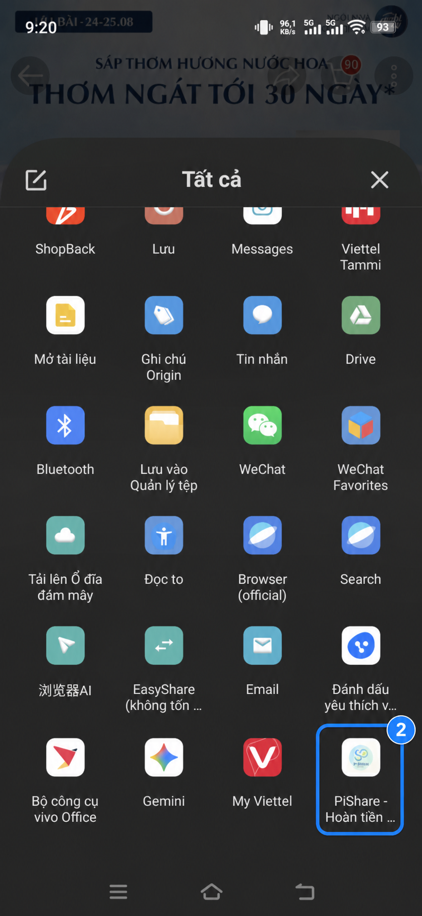 Danh sách Tất cả ứng dụng chia sẻ trên Android, với PiShare - Hoàn tiền được khoanh và đánh dấu số 2.