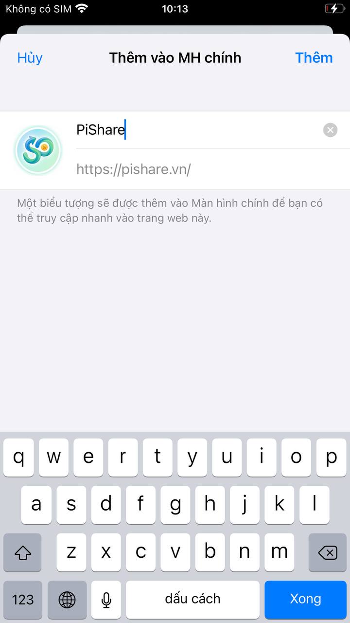 Màn hình Thêm vào MH chính của iOS với tên PiShare và nút Thêm được đánh dấu số 2.