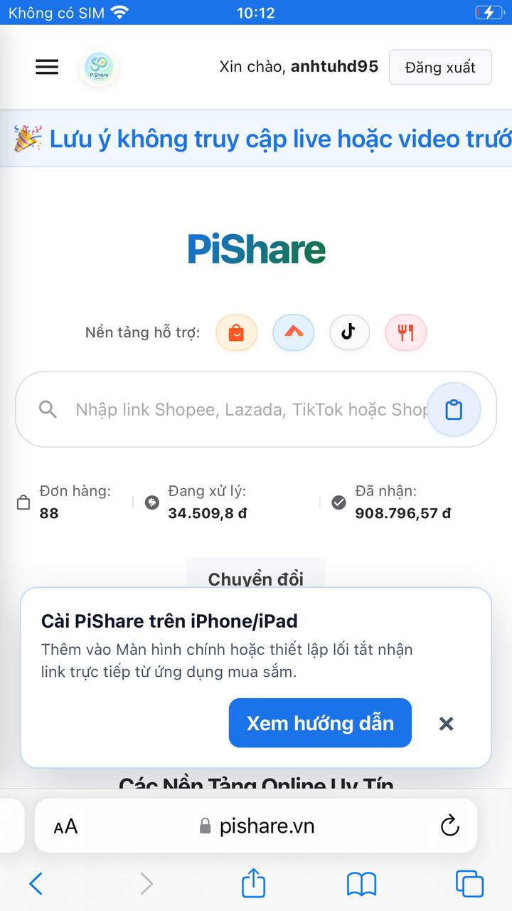 PiShare hiển thị hướng dẫn cài trên iPhone hoặc iPad trong Safari.