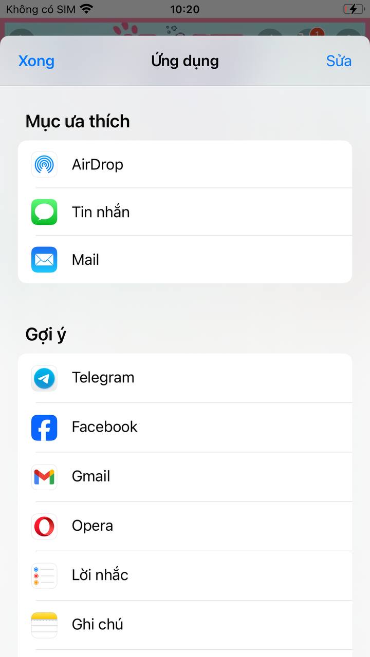 Màn hình Ứng dụng trong bảng Chia sẻ iOS với nút Sửa ở góc trên bên phải.