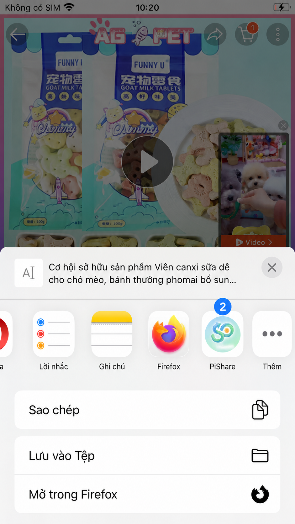 Minh hoạ PiShare xuất hiện trong hàng ứng dụng của bảng Chia sẻ iPhone, được đánh dấu số 2.